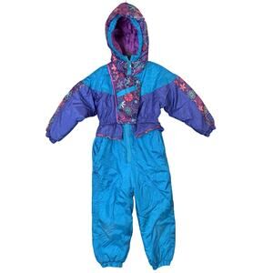 Vintage 90s 80s Outerstuff One Piece Snowsuit Hood Girls 4 4T Retro Blue Purple